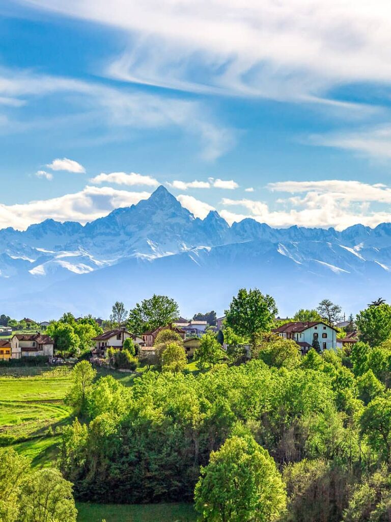 Man sieht saftig grüne Hügel in der Region Piemont in Italien, Bäume und im Hintergrund einen Gebirgszug.