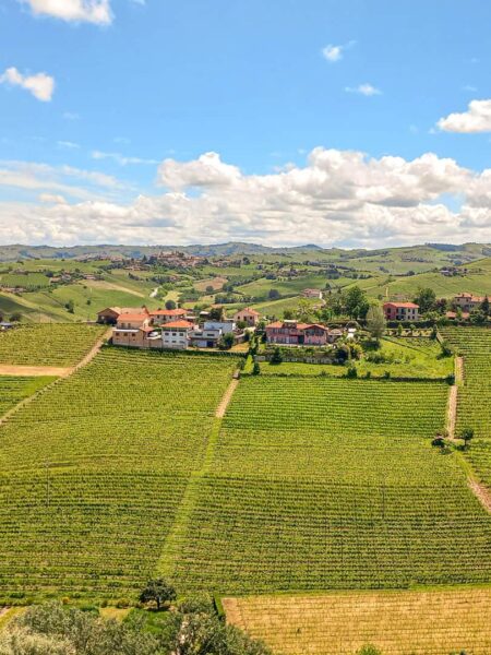 Man sieht eine Aussicht von einem Wanderweg in der Region Piemont. In der Distanz befindet sich eine kleine Ortschaft, im Vordergrund breiten sich grüne Felder aus.