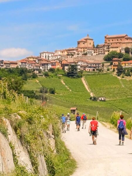 Eine Gruppe wandert auf einem breiteren Weg auf eine Ortschaft im Piemont zu.