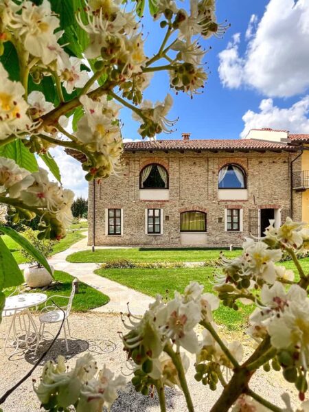 Zwischen den Blüten eines Baumes oder Busches hindurch erkennt man ein kleines italienisches Haus im Piemont, das als Unterkunft für Wanderreisende dient.