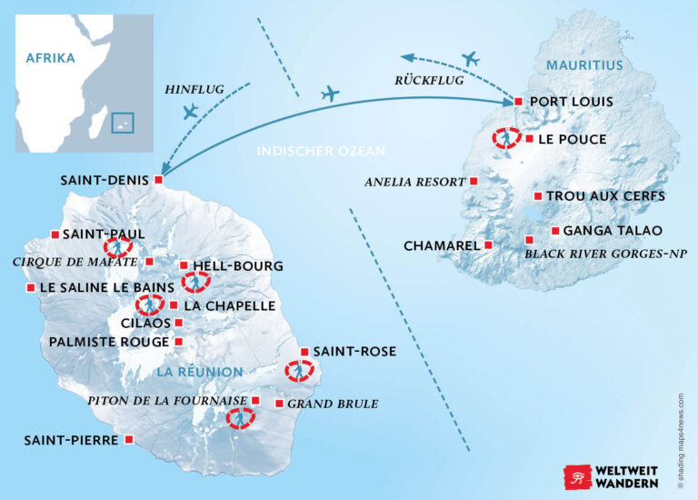 Wanderkarte La Réunion und Mauritius - Perlen im indischen Ozean - Wanderreise Réunion