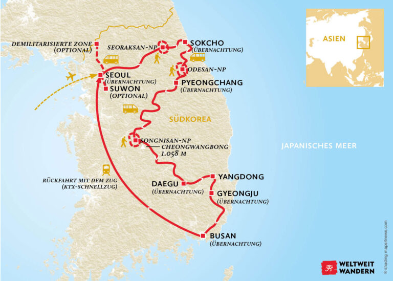 Wanderkarte Südkorea - Im Land der Morgenstille - Wanderreise Südkorea