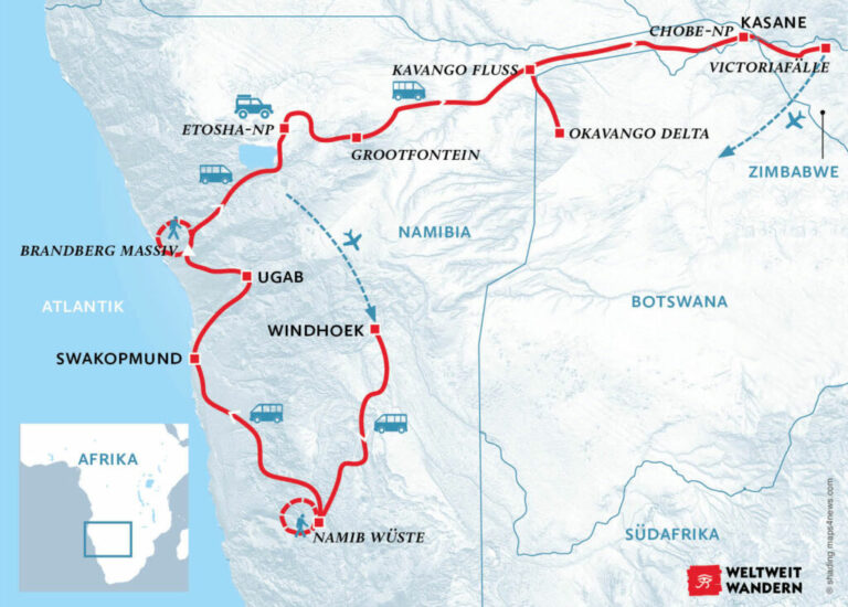 Wanderkarte - Von der Namib- Wüste zu den Viktoriafällen