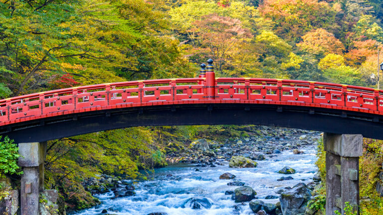 Eine rote Brücke über einen reisenden Fluss im Norden Japans. Im Hintergrund sieht man den herbstlichen Wald von Honshu nahe des Orts Nikko, der nur darauf wartet, während einer Wanderreise erkundet zu werden.