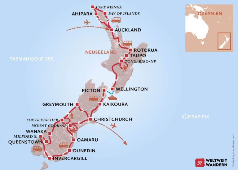 Wanderkarte Wandern am schönsten Ende der Welt - Wandern Natur Neuseeland