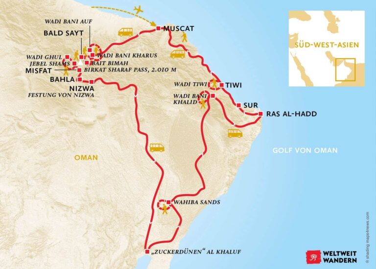 ASI_Oma_Wueste,Wadis,Meer Wanderkarte Wüste und Meer im Oman - Wüste, Wadis und Meer