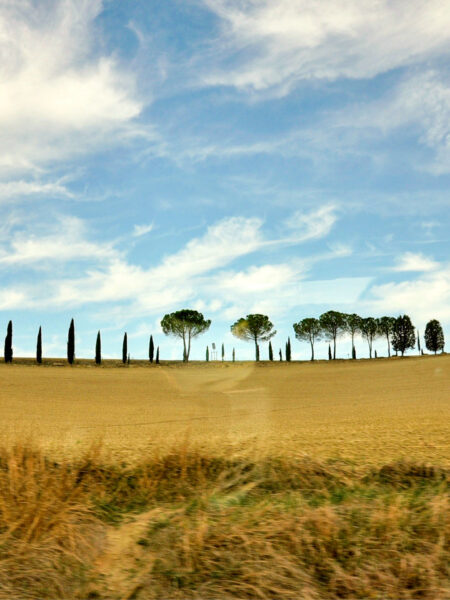 Ein Foto eines Hügels in der Toskana vom Reisbus einer Wanderreise durch Italien aus aufgenommen.