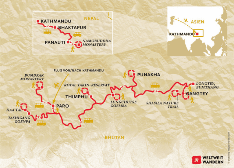 Weltweitwandern Wanderkarte Nepal und Bhutan