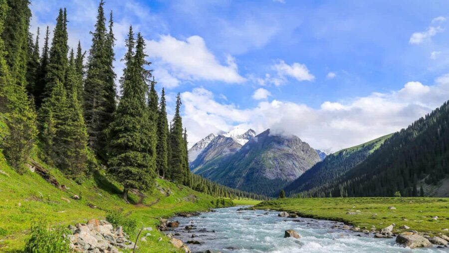 Kirgistan, Landschaft , grüne Wälder, Berge und ein Fluss