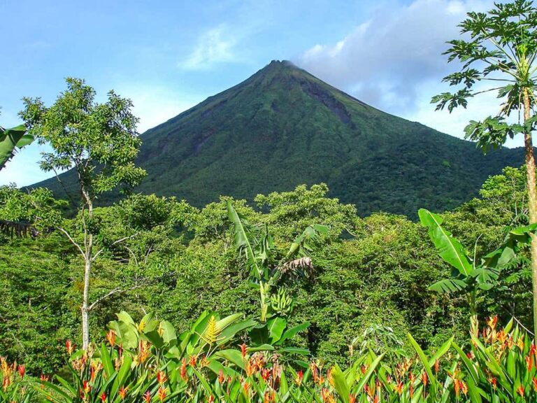 Blick auf einen majestätischen, kegelförmigen Vulkan, umgeben von tropischem Regenwald und exotischen Pflanzen. Diese beeindruckende Landschaft in Costa Rica vereint Vulkanwandern, Naturerlebnis und nachhaltigen Aktivurlaub. Mit Weltweitwandern erkunden Reisende auf geführten Wanderreisen in kleinen Gruppen die faszinierende Vielfalt des Landes – näher dran dank lokaler Guides.