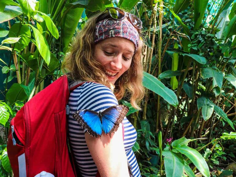Eine Wanderin mit rotem Rucksack lächelt begeistert, während ein strahlend blauer Morphofalter auf ihrer Schulter im tropischen Regenwald sitzt. Diese besondere Begegnung mit der Tierwelt Costa Ricas zeigt, wie authentisch und intensiv nachhaltige Wanderreisen mit Weltweitwandern sind – unterwegs in kleinen Gruppen und begleitet von einheimischen Guides, die Naturerlebnisse unvergesslich machen.
