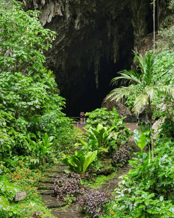 Wir sehen den Eingang der Cueva del Guácharo in Venezuela, der berühmtesten und größten Höhle des Landes. Vor ihr stehen zwei junge Frauen auf Wanderreise.