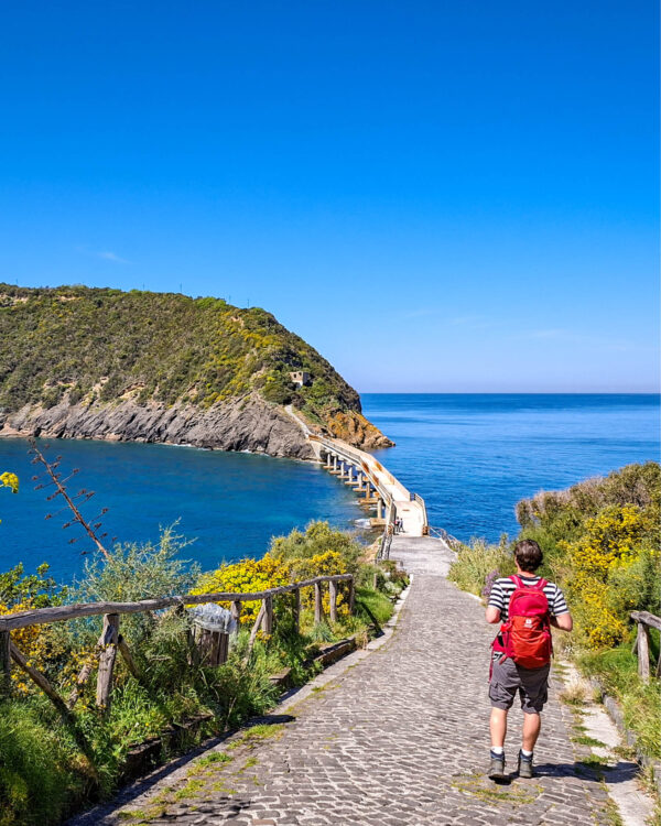 Ein Mann mit Wanderrucksack auf dem Wanderweg zur Isola di Vivara, einer kleinen, unbewohnten Insel vulkanischen Ursprungs im Golf von Neapel.