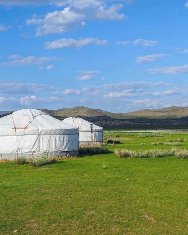 Zwei Jurten stehen in einem Camp in der mongolischen Steppe.