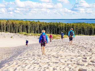 Mehrere Personen wandern auf einer Wanderdüne an der Ostsee.
